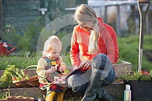 Woman and child with picnic on allotment