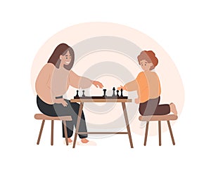 Woman and child playing chess, game lessons