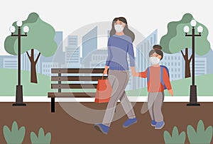 Woman with child in protective face dust masks wolk in park photo