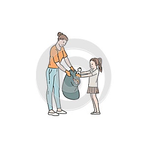 woman and child put garbage in bag clean environment from trash and waste. Vector doodle line illustration of solving