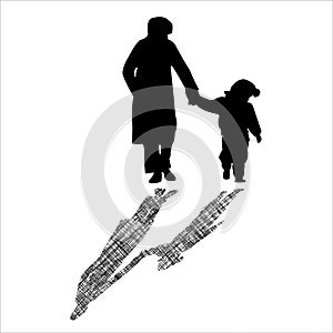 Woman and child silhouettes with striped shadows