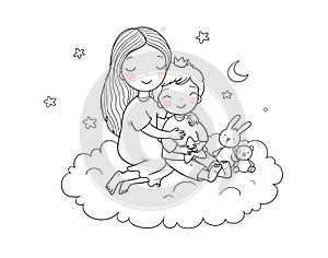 A woman and a child are sitting on a cloud. Mom and son. Brother and sister. The girl hugs the boy. Cute cartoon little