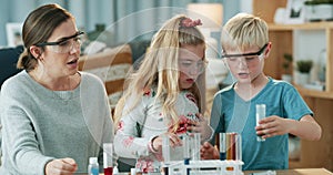 Woman, children and chemistry with test tube in home for science experiment, project or learning. Mother, little girl