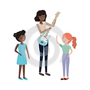 Woman with children and electric guitar character