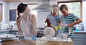Woman, children or kitchen for cleaning dishes, hygiene or smile by water faucet in house for housekeeping. Mother, kids