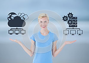 Woman choosing or deciding cloud storage or servers with open palm hands