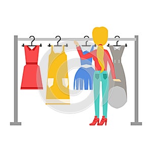 Woman choosing dresses during shopping or being in wardroom at home, shopping center or store, colorful vector photo