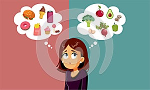 Woman Choosing Between Fast Food and Healthy Eating Habits Vector Illustration