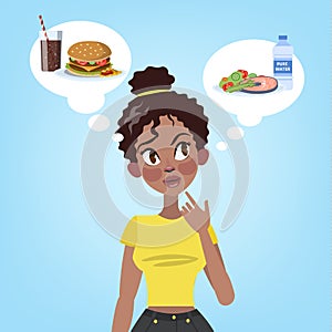 Woman choosing between healthy food and hamburger