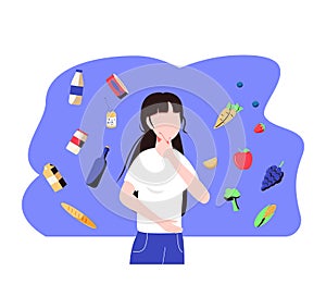 Woman choosing between healthy and unhealthy food. Character thinking over organic or junk snacks choice. Vector illustration for