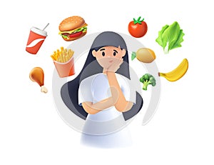 Woman choosing between healthy and unhealthy food concept flat 3D vector illustration. Fastfood vs balanced menu