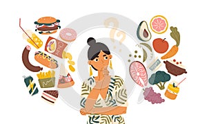 Woman choosing between healthy and unhealthy food concept flat vector illustration. Fastfood vs balanced menu comparison