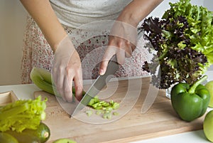 Woman chopping celery vegetable, preparing food in her kitchen, she is cutting fresh celery on a cutting board with a knife. Woode