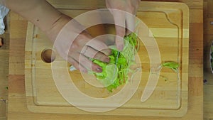 Woman Chopping Lettuce at Wooden Kitchen Table