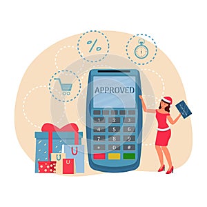 Woman in Christmas costume holding credit card, standing near pos terminal near bags and presents. Christmas sale, e-commerce