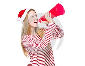 Woman with christmas hat and shout with megaphone