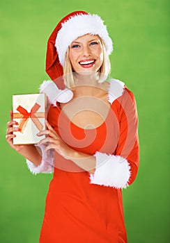 Woman, Christmas and outfit holiday gift in studio for festive, season or smile. Female person, costume and portrait on