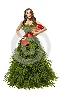 Woman Christmas Tree Dress, Fashion Model Girl Presents on White