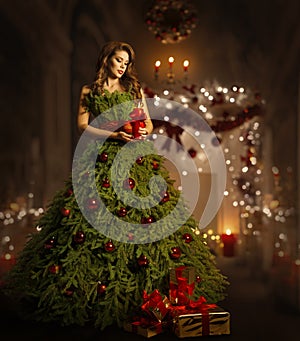 Woman Christmas Tree Dress, Fashion Model in Xmas Gown Costume