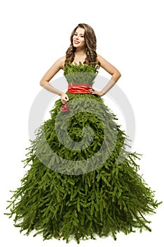 Woman Christmas Tree Dress, Fashion Model in Xmas Gown, White