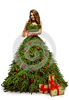 Woman Christmas Tree Dress and Present Gift, Fashion Model Gown