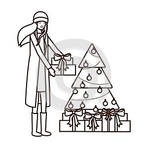 Woman with christmas tree and gifts boxs