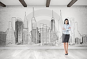 Woman and city panorama sketch on concrete wall