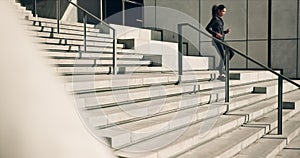 Woman on city stairs for exercise, running and muscle workout for morning body training. Urban fitness, power and