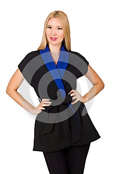 The woman in classic black vest isolated on white