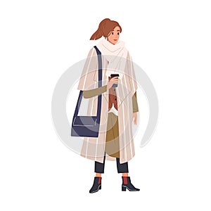 Woman in classy winter outfit holding paper coffee cup vector flat illustration. Fashion female wrapped in warm scarf