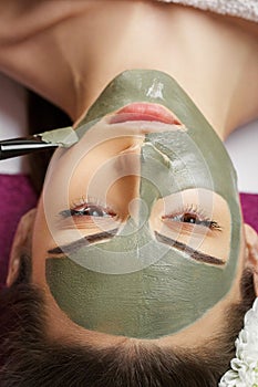 Woman with clay facial mask   in beauty spa. Skincare. Beauty Concept. Close-up portrait of beautiful girl applying facial mask.