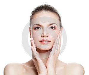 Woman with Clean Skin Touching her Hand Her Face. Spa Beauty