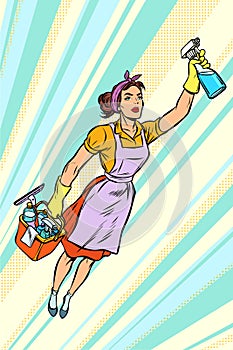 Woman cleaner, superhero flying. service