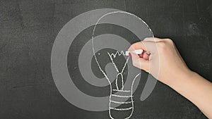 Woman cleaning a blackboard where is drawn a led lamp sign. Management strategy.