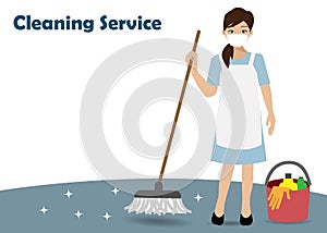 Woman with cleaning bucket and mop in hand.