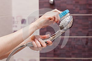 Woman cleaning an calcified shower head in domestic bathroom with small brush.