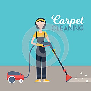 Woman cleaning carpet with vacuum cleaner at home. Hugiene concept vector ilustration