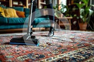 Woman cleaning the carpet with vacuum cleaner in the living room. Generative AI