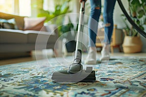 Woman cleaning the carpet with vacuum cleaner in the living room. Generative AI