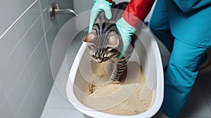 Woman Cleaning Cat Toilet With a Scoop. Generative AI