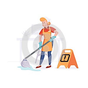 Woman from cleaning company staff cleans the office with a mop with water. Vector illustration in a flat style