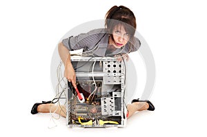 Woman cleaning computer