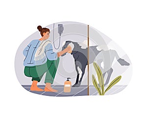 Woman cleaning dog vector clipart. Pet bathing