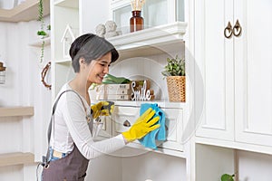 Woman cleaning dust from bookshelf. Young girl sweeping shelf in living room