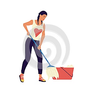 Woman cleaning floor with mop. Cartoon female character mopping. Isolated girl washing room with brush and bucket. Maid