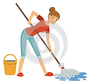 Woman cleaning floor with mop and water bucket. Cartoon character