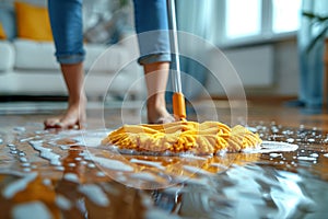 Woman Cleaning Floor With Yellow Mop