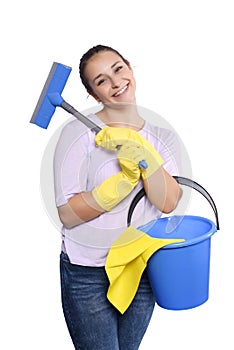 Woman with cleaning gloves and bucket