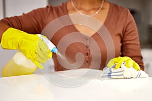 A counter so clean you could eat off of it. a woman cleaning her kitchen counter.