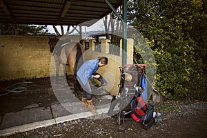 Woman cleaning her riding boots with her brown horse in the background